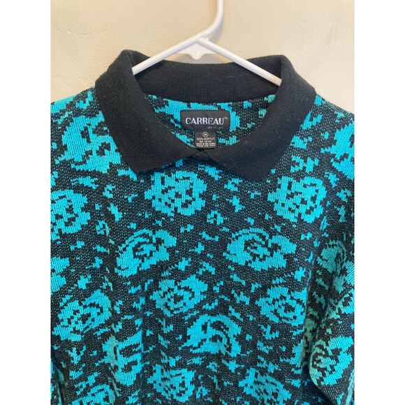Carreau 80's Vintage Blue Floral Collared 80’s Long Sleeve Sweater Size Medium - Picture 3 of 8